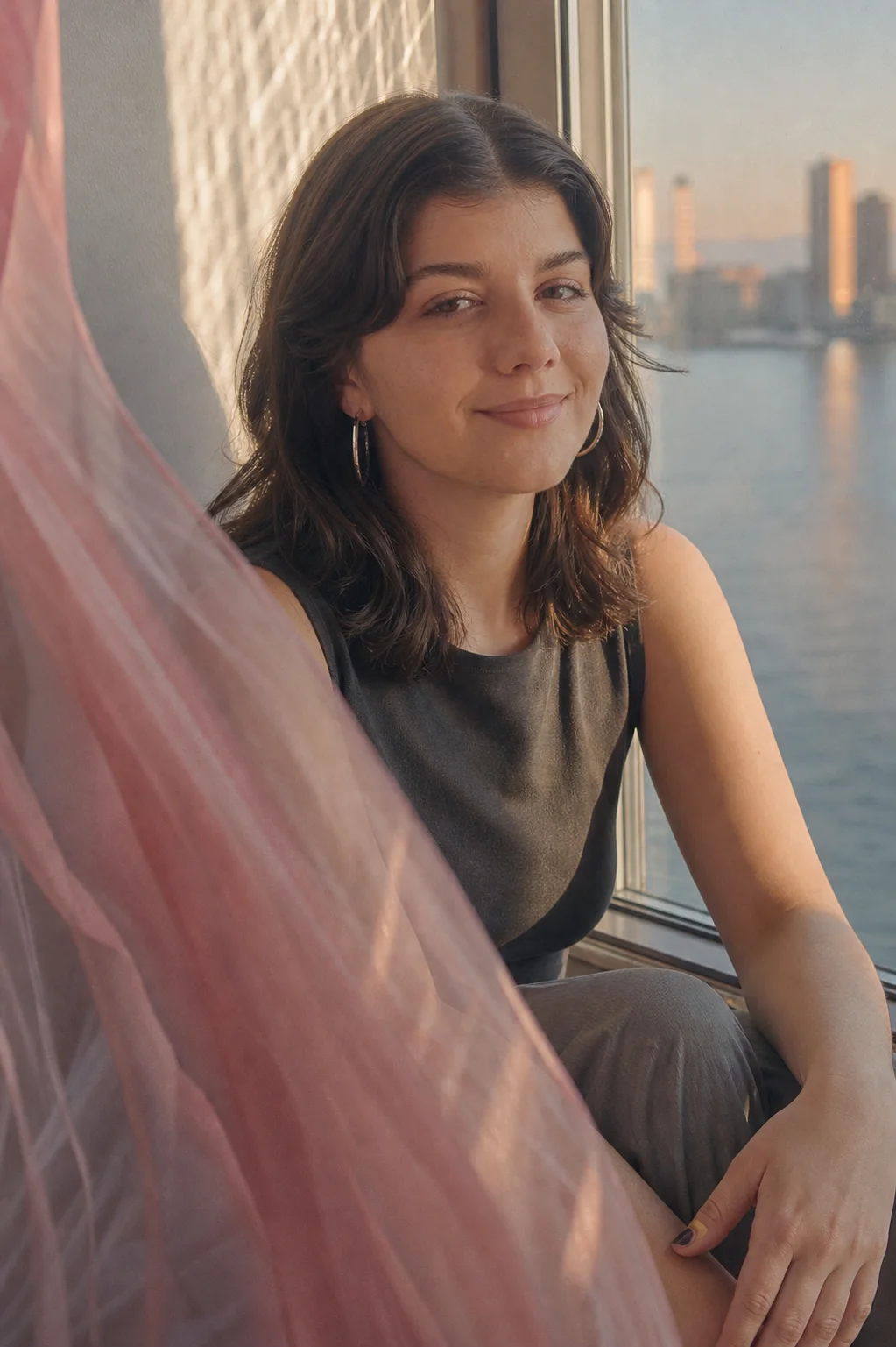 Editorial portrait of Kenzie Sky by a waterfront window with rose-pink fabric